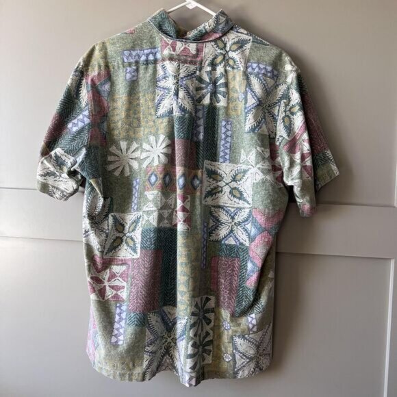 Vintage Reyn Spooner Shirt Mens Large Green Hawaiian Aloha Floral Geometric 90s - Picture 2 of 10